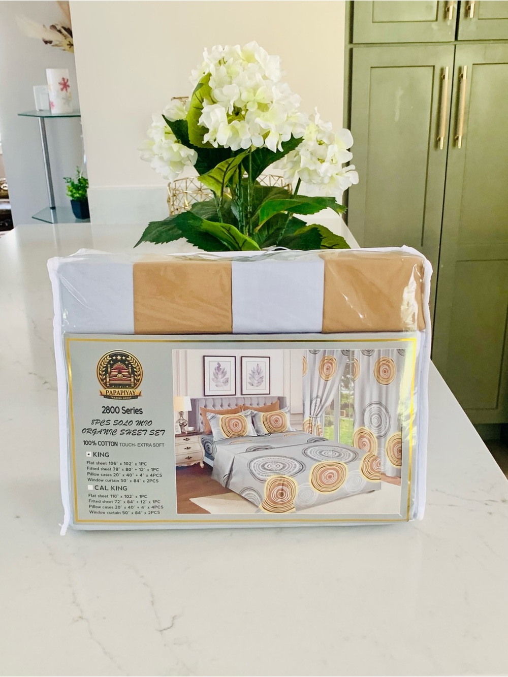 Papapiyay 2800 Series Solo Mio 8PC Sheet Set With Curtains King Gold Gray Circle